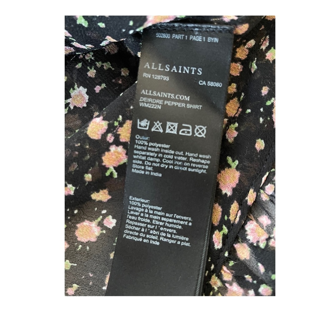 All Saints $198 Diedre Floral Ruffle Tie Semi Sheer Long Tunic Top Size Small - Picture 9 of 10